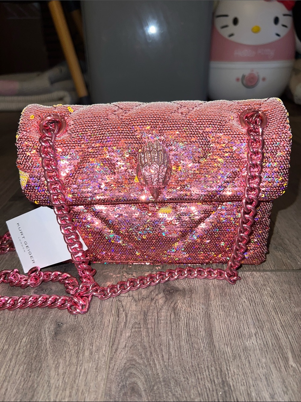 Nwt Kurt Geiger mini Kensington Pink Sequin Quilted Crossbody with Chain Strap